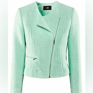 H&M Pastel Mint Green Silver Textured Zip-Front Women's Tweed Moto Jacket Size 8